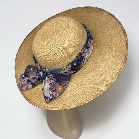 Y2K Oversized Straw Sun Hat Floral Scarf Coastal Palm Beach Vintage Paloma main image 5
